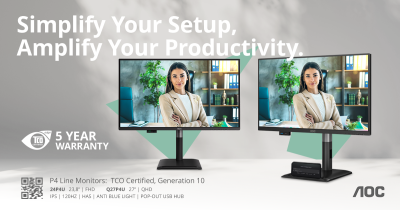 AOC Professional P4 seeria: 120 Hz monitorid, millel on väljatõmmatavad USB jaoturid ja 5-aastane garantii