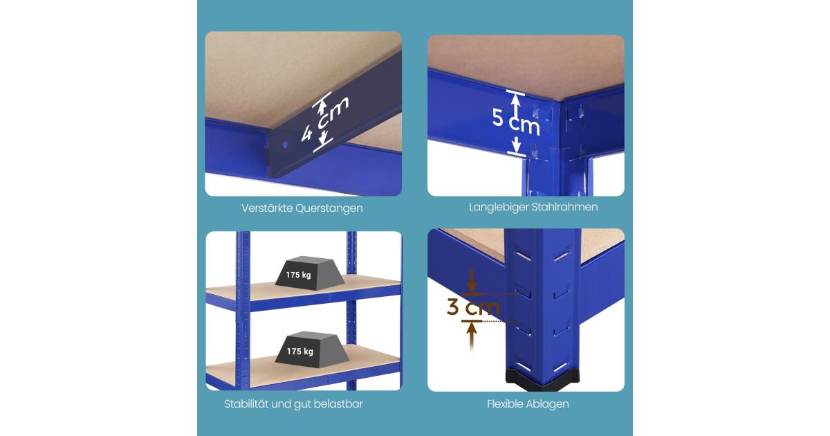 SONGMICS 4 Tier Shelving Set, 2 Steel Shelving Set, Bolt-less Assembly, for Garage, Shed, Load Capacity 520 kg Per Piece, 40 x 80 x 160 cm, Black GLR044B02